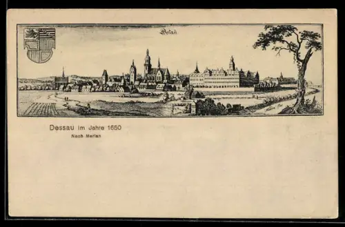AK Dessau, Ansicht der Stadt im Jahre 1650 nach Merian