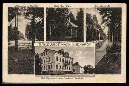 AK Lindhardt, Waldausgang bei Naunhof, im Gottes-Holz, König Altert-Hütte