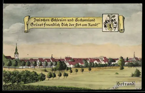 AK Ortrand, Ortsansicht vom Feld aus gesehen