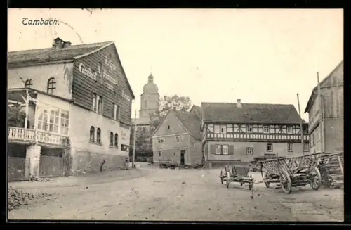 AK Tambach, Gasthof zum Lamm mit Blick zur Kirche