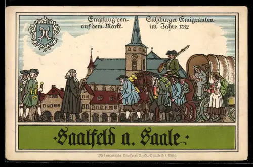 Steindruck-AK Saalfeld, Empfang von Salzburger Emigranten auf dem Markt 1732, Pferdegespann