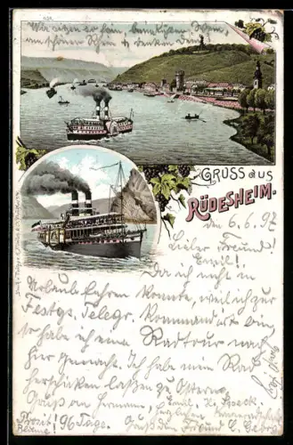 Lithographie Rüdesheim, Ortsansicht mit Rheindampfern