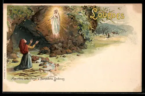 Lithographie Lourdes, Apparition de la Vierge à Bernadette Soubirous