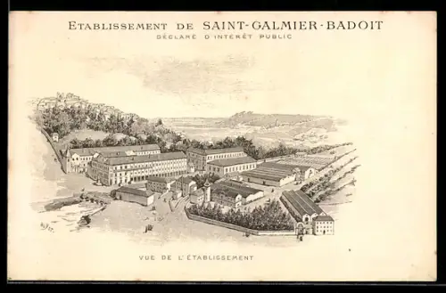 Lithographie Saint-Galmier, Vue de l`établissement de Saint-Galmier-Badoit