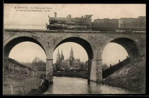 AK Bayeux, Le Viaduc de l`Aure et vue sur la Cathédrale