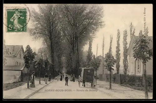 AK Rosny-sous-Bois, Route de Rosny avec passants et charrette