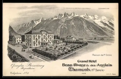 Künstler-AK Chamonix /Hte-Savoie, Grand Hôtel Beau-Rivage et des Anglais avec vue sur les montagnes