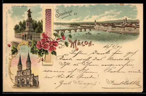 Lithographie Macon, Souvenir de Macon avec vue du pont et église, statue et fleurs décoratives