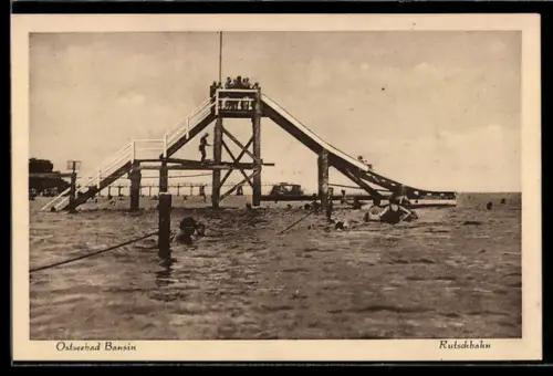 AK Bansin, Rutschbahn in der Ostsee, Badende