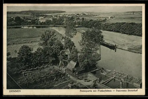 AK Demmin, Peenepartie mit Fischerhütten, Panorama Stuterhof