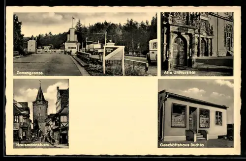 AK Helmstedt, Zonengrenze, Alte Universität, Hausmannsturm, Geschäftshaus Buchta