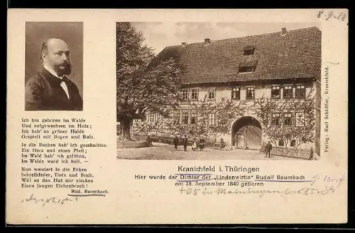 AK Kranichfeld i. Thüringen, Geburtshaus, Gedicht u. Portrait des Dichters Rudolf Baumbach