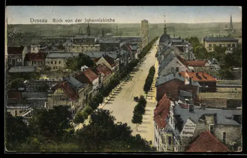 AK Dessau, Blick von der Johanniskirche auf die Stadt, mit Strasse