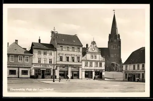 AK Eberswalde, Platz der Freundschaft, Hotel E. Zybell, Kirche