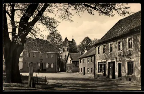 AK Teupitz /Königs Wusterhausen, Marktplatz, mit HOG, Lebensmittelgeschäft, Kirche