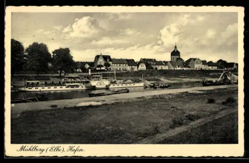 AK Mühlberg /Elbe, Hafen mit Ortspanorama