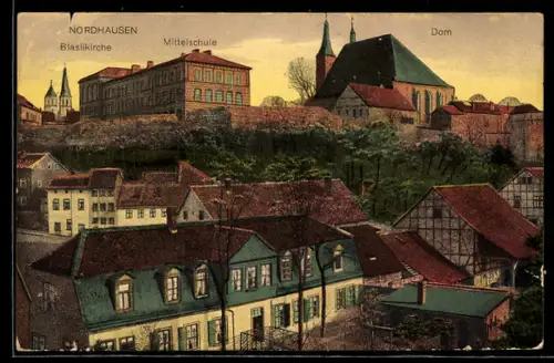AK Nordhausen, Teilansicht mit Blasikirche, Mittelschule, Dom