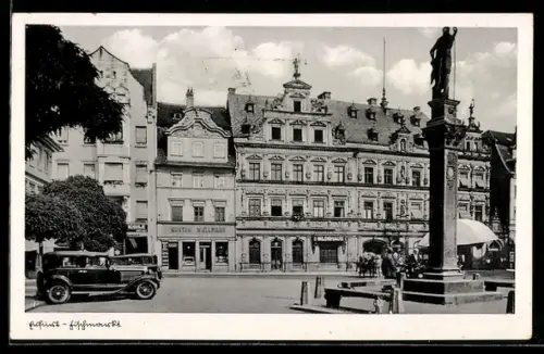 AK Erfurt, Fischmarkt, Gildehaus, Brunnen mit Statue