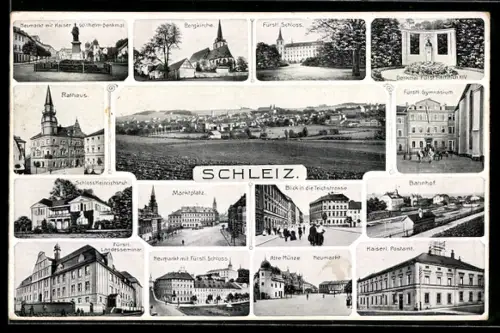 AK Schleiz, Bahnhof, Rathaus, Fürstl. Schloss, Marktplatz
