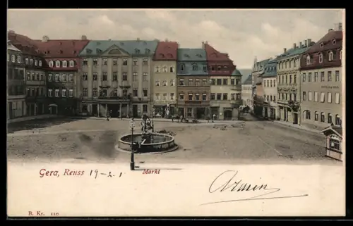 AK Gera /Reuss, Markt mit Brunnen und umliegenden Gebäuden