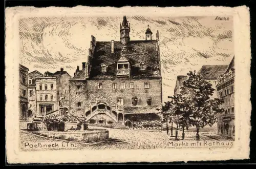 Künstler-AK Pössneck i. Th., Markt mit Rathaus