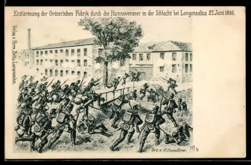 Künstler-AK Langensalza, Erstürmung der Gräserschen Fabrik, Schlacht bei Langensalza 27. Juni 1866