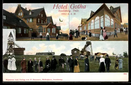 AK Inselsberg /Thür., Hotel Gotha, Aussenansichten, Spaziergänger, Aussichtsturm