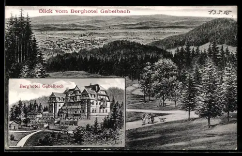 AK Ilmenau i. Thür., Berghotel Gabelbach, Blick vom Berghotel zum Ort