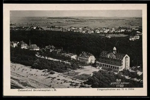 AK Brunshaupten i. M., Fliegeraufnahme von Strand, Kurhaus und Ort