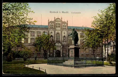 Goldfenster-AK Rostock i. Meckl., Universität mit Denkmal