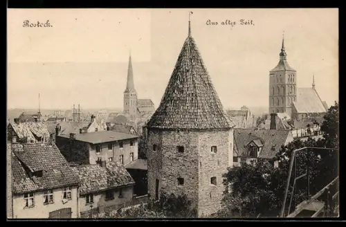 AK Rostock, Stadtansicht mit historischem Wehrturm und Kirchen