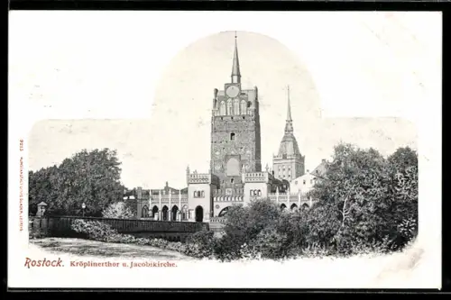 Lithographie Rostock, Kröplinerthor und Jacobikirche