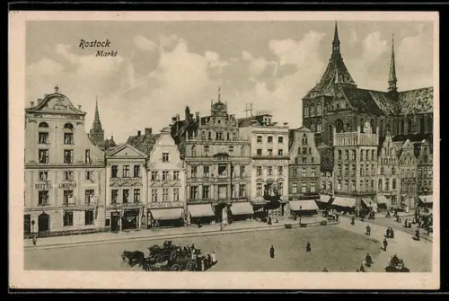 AK Rostock, Markt, Hotel Lindemann, Kirche