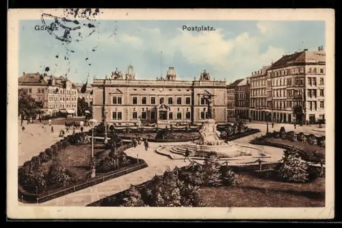 AK Görlitz, Postplatz mit Brunnen
