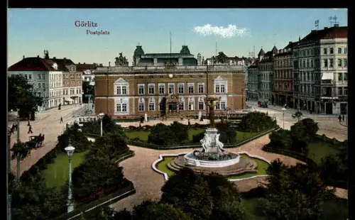AK Görlitz, Postplatz mit Brunnen