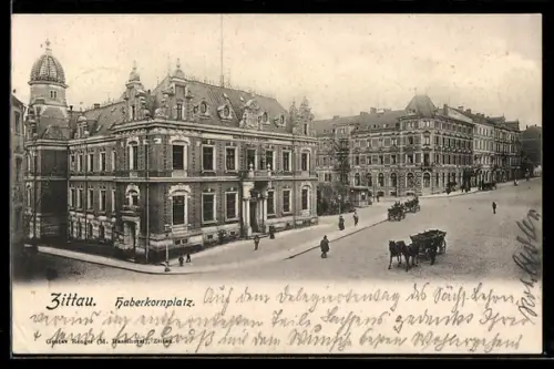 AK Zittau, Haberkornplatz mit Pferdekutschen