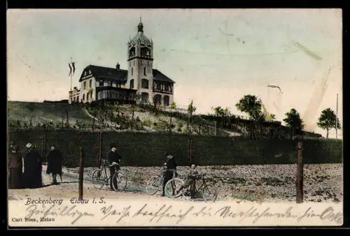 AK Eibau, Blick zum Gasthaus Beckenberg, Fahrrad