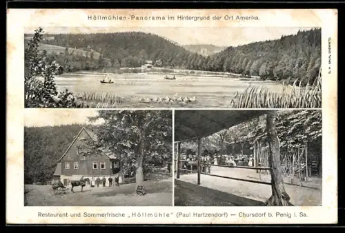 AK Chursdorf b. Penig, Restaurant Höllmühle, Garten, Panorama im Hintergrund der Ort Amerika