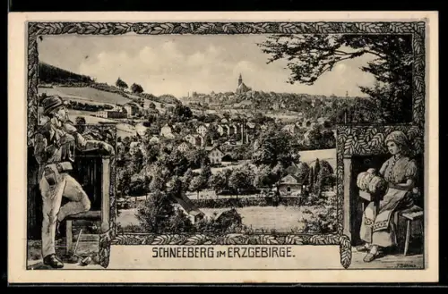 AK Schneeberg im Erzgebirge, Teilansicht mit Kirche, Bauernpaar