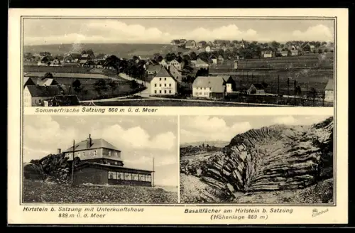 AK Satzung, Unterkunftshaus auf dem Hirtstein, Basaltfächer, Totale des Ortes