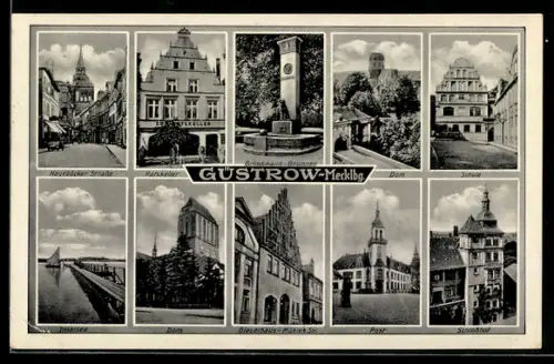 AK Güstrow, Ratskeller, Hageböcker Strasse, Brinckmann-Brunnen, Dom, Post
