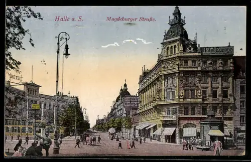 AK Halle a. S., Magdeburger Strasse mit Hotel Europa