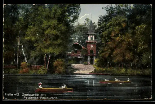 AK Halle a. S., Saalepartie am Peissnitz-Restaurant mit Ruderbooten