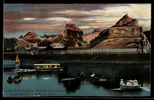 AK Leipzig-Wahren am Auensee, Luna-Park, Gebirgsszeneriebahn vom See aus gesehen