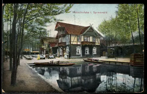 AK Wotschofska i. Spreewald, Gasthaus am Wasser, Kähne, Waldumgebung
