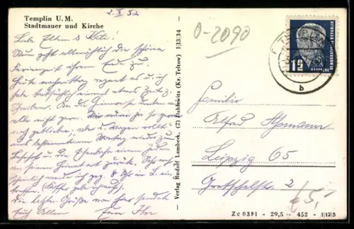 AK Templin / Uckermark, Stadtmauer und Kirche