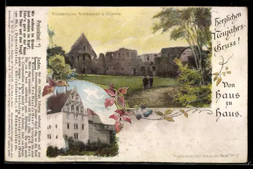 AK Nimbschen b. Grimma, Klosterruine, Schlossgiebel, Neujahrsgruss