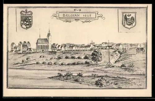 Künstler-AK Belgern, Teilansicht mit Kirche 1628, Wappen