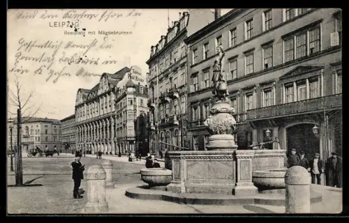 AK Leipzig, Rossplatz mit Tuchhaus Paul Knaur und Mädgebrunnen