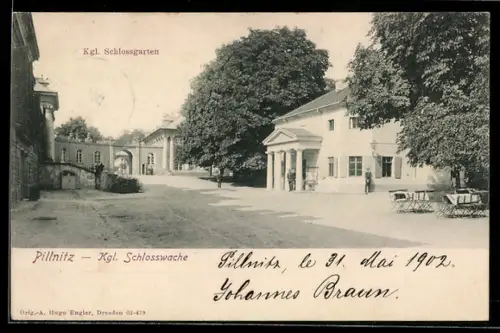 AK Dresden-Pillnitz, Kgl. Schlosswache, mit Eingang zum Schlossgarten, Gasthaus-Tische